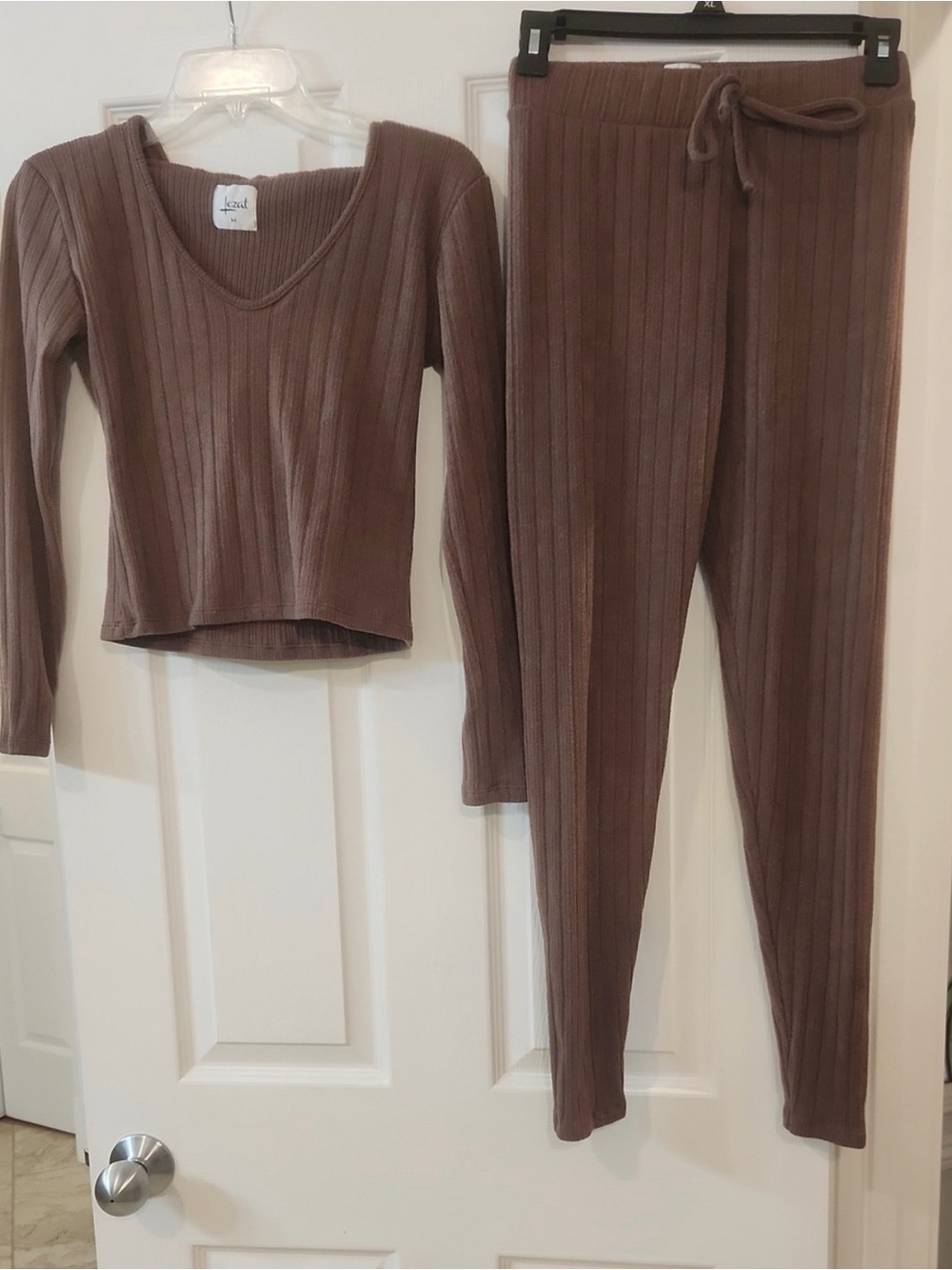 Ribbed V-Neck Lounge Set in Taupe - 2-Piece Pajama Set